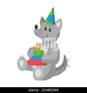 lupo carino con giocattolo e un cappello compleanno sulla sua testa, animale compleanno. Illustrazione vettoriale. Carattere cartoon per cartolina per il nuovo anno, compleanno, fo Illustrazione Vettoriale