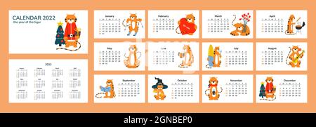 Calendario orizzontale 2022. Felice Anno Nuovo. Buon Natale. Anno della tigre. Oroscopo cinese. Vettore isolato cartoon sorridente tigri. Stagioni sport amore Illustrazione Vettoriale