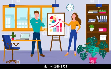 progettazione di concept di office work. Illustrazione vettoriale. Design della sala ufficio. Lavoro di squadra creativo in ufficio. Illustrazione Vettoriale