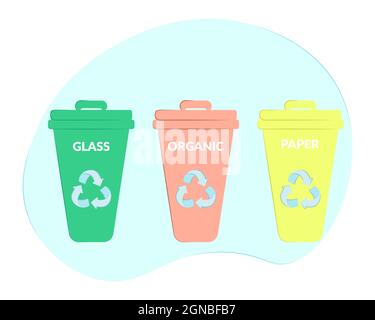 tre lattine di rifiuti con un coperchio su sfondo blu. giallo con la carta di iscrizione, verde - vetro, rosso - organico. Illustrazione Vettoriale