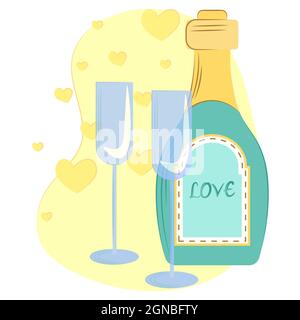 Bottiglia da illustrazione vettoriale di champagne e due bicchieri, su sfondo giallo con globi. Composizione vettoriale per le vacanze. Illustrazione Vettoriale