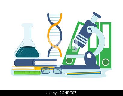 Idea di concetto in medicina, DNA genetico scienza, sanità. Illustrazione piatta vettoriale Illustrazione Vettoriale