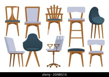 Set di illustrazioni di diverse sedie per la casa e l'ufficio. Isolato su sfondo bianco. Illustrazione vettoriale Illustrazione Vettoriale