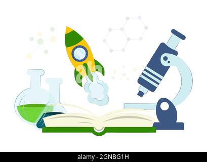 Libro aperto e soggetti della scienza. Il concetto di istruzione moderna, il successo della ricerca. Illustrazione piatta vettoriale eps10 Illustrazione Vettoriale