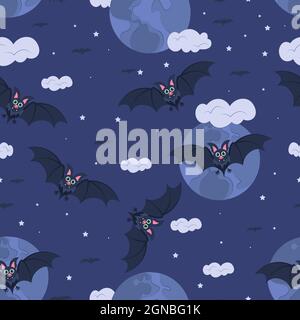 Bat Halloween con motivo senza giunture. Disegno piano vettoriale. Sfondi, tessuti, striscioni. Carattere positivo. Disegno dei bambini. Tema festivo - Illustrazione Vettoriale