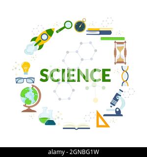 insieme di soggetti della scienza, oggetti e simboli disposti in forma di cerchio. Impostare il pittogramma per il nastro. Simboli di Sience isolati su sfondo bianco. Illustrazione Vettoriale