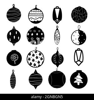 Natale a mano disegnato nero giocattoli palla in bianco sfondo disegno illustrazione. Biglietto di auguri per le feste palline decorazione con fiore abete albero neve cono Foto Stock