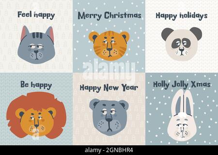 Set di carte divertenti di Natale con animali grumpy - gatto, leone, tigre, lepre, panda, orso. Illustrazione del disegno vettoriale a mano. Illustrazione Vettoriale
