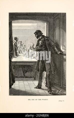 Il sig. Fix on the Watch dal libro ' in giro per il mondo in ottanta giorni ' di Jules Verne (1828-1905) tradotto da Geo. M. Towle, pubblicato a Boston da James. R. Osgood & Co. 1873 prima edizione USA Foto Stock