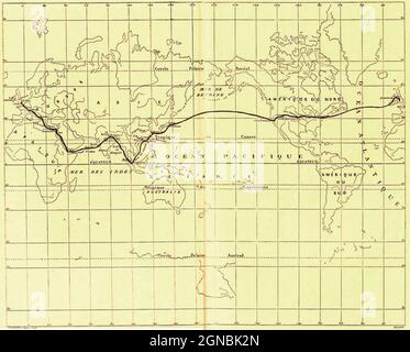 Mappa del viaggio dal libro 'intorno al mondo in ottanta giorni' di Jules Verne (1828-1905) tradotto da Geo. M. Towle, pubblicato a Boston da James. R. Osgood & Co. 1873 prima edizione USA Foto Stock