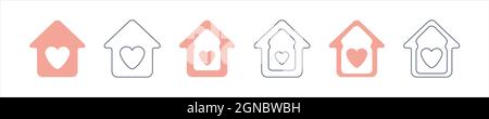 Set di casa con l'icona del cuore all'interno. Simbolo di silhouette rosa isolato su sfondo bianco. Semplice icona vettoriale per il disegno di Web site. Illustrazione Vettoriale
