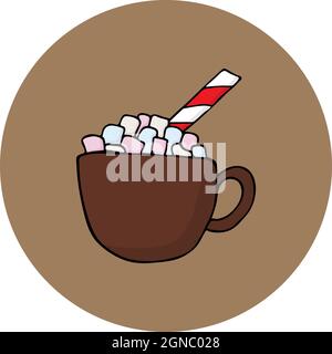 Tazza di cacao e marshmallows disegnata a mano. Illustrazione vettoriale stile Doodle. Elemento di disegno per le cartoline, gli inviti o il disegno grafico e di fotoricettore. Illustrazione Vettoriale