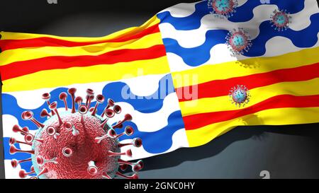 Covid in Badalona - coronavirus che attacca una bandiera della città di Badalona come simbolo di una lotta e lotta contro la pandemia del virus in questa città, 3d illustre Foto Stock
