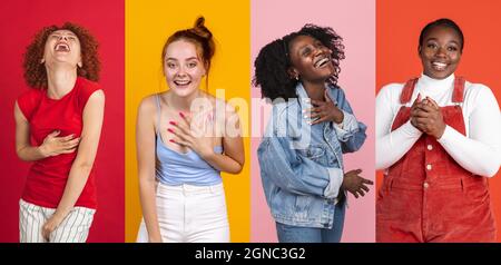 Quattro giovani ragazze felici, modelli multietnici ridendo isolato su sfondo multicolore. Concetto di emozioni, espressioni facciali. Collage Foto Stock