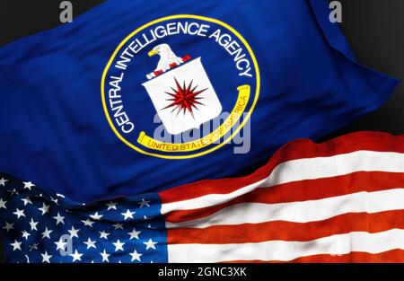 Bandiera della US Central Intelligence Agency insieme ad una bandiera degli Stati Uniti d'America come simbolo di unità tra loro, illustrazione 3d Foto Stock