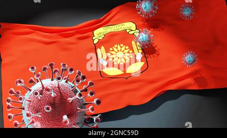 Covid nel comune di Krivogastani Macedonia del Nord - coronavirus e una bandiera del comune di Krivogastani Macedonia del Nord come simbolo di pandemia in Th Foto Stock