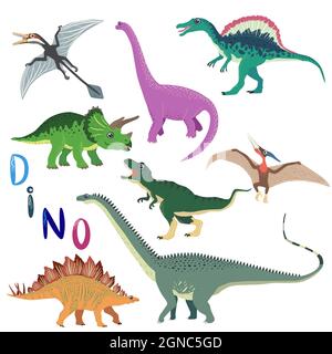 Carino dinosauri piatti, compresi T-rex, Stegosaurus, Velociraptor, Pterodactyl, Brachiosaurus e Triceratop Illustrazione Vettoriale