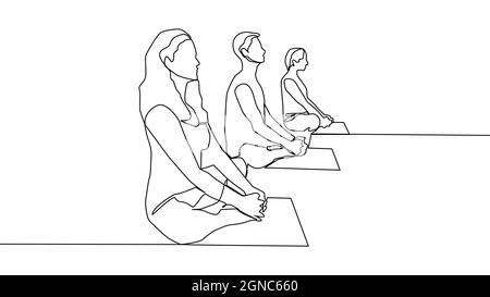 Yoga, donna, uomo pratica yoga mentre si siede in posizione lotus. Disegno a linea continua Illustrazione Vettoriale