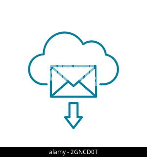 Icona della linea di posta cloud. Servizio di archiviazione e-mail su cloud. Fumetto e busta con il simbolo della freccia. E-mail hosting online. Scaricare la posta dal server. Vettore Illustrazione Vettoriale