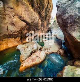 Colorata scena primaverile all'interno del canyon di Goynuk, situato nel distretto di Kemer, nella provincia di Antalya. Bella scena mattutina in Turchia, Asia. Bellezza della natura Foto Stock