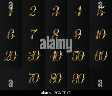 Collezione di logo Anniversary Company. Eleganti numeri d'oro, anniversario di matrimonio, set simbolo data memoriale, collezione anni d'oro. Simbolo di compleanno Illustrazione Vettoriale