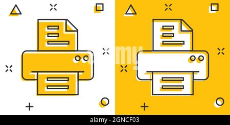 Icona della stampante per ufficio in stile fumetto. Immagine vettoriale cartoon fax su sfondo bianco isolato. Concetto aziendale di effetto splash per la stampa del testo. Illustrazione Vettoriale