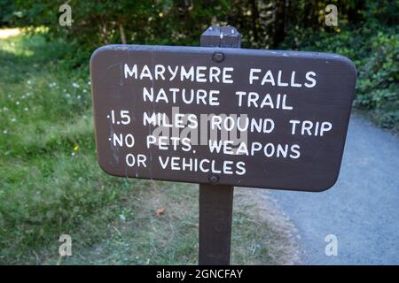 Cartello informativo per il sentiero naturalistico delle Cascate Marymere nel Parco Nazionale Olimpico Foto Stock