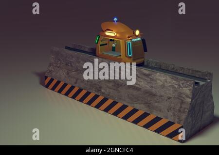 robot di sollevamento in funzione per portare il pacco su un piccolo camion e la consegna, rappresentazione grafica 3d Foto Stock