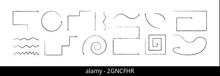 Un set di frecce curve vettoriali moderne disegnate a mano a matita nera nello stile doodle. Illustrazione vettoriale di un insieme di puntatori isolati su un Illustrazione Vettoriale