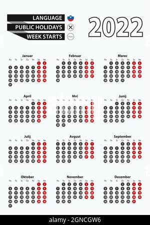 Modello vettoriale calendario 2022 con numero in cerchi, semplice calendario sloveno per l'anno 2022. Illustrazione vettoriale. Illustrazione Vettoriale