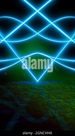 Strada vuota e buia, riflesso di luce al neon nelle pozzanghere della città notturna. Luce magica, raggi, fumo. Scena scura con linee al neon, smog. Foto Stock