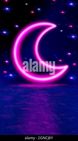 Riflesso della luce al neon nelle pozzanghere della città notturna. Luna al neon al centro, luce magica, raggi, fumo. Strada notturna vuota. Luna, stelle. Foto Stock