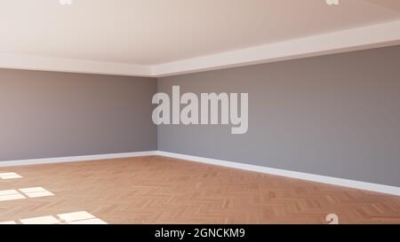 Bell'angolo interno illuminato dal sole con pareti grigie, pavimento in parquet e un Plinth bianco. rendering 3d. Ultra HD 8K 7680 x 4320 Foto Stock
