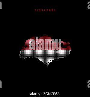 Mappa a punti quadrati di Singapore. Mappa pixel punteggiata con colori di bandiera nazionale isolati su sfondo nero. Illustrazione vettoriale. Illustrazione Vettoriale