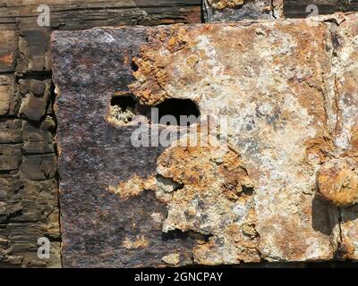 Piastra in metallo arrugginita su vecchi pannelli di legno Foto Stock