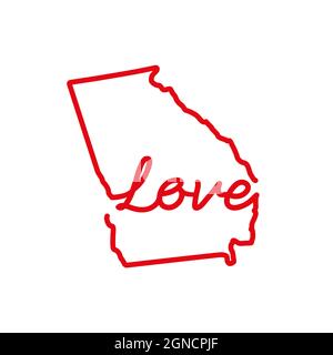 Georgia Stati Uniti contorno rosso mappa con la parola d'AMORE manoscritta. Linea continua di segno di casa patriottica. Un amore per una piccola patria. Interno Illustrazione Vettoriale