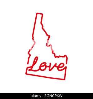 Idaho Stati Uniti stato rosso mappa con la parola d'AMORE manoscritta. Linea continua di segno di casa patriottica. Un amore per una piccola patria. D. Interno Illustrazione Vettoriale