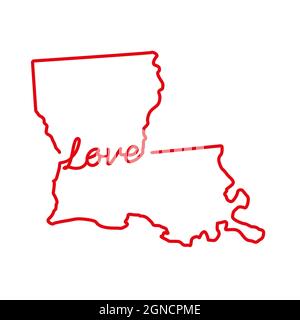 Louisiana Stati Uniti stato rosso mappa con LA parola D'AMORE manoscritta. Linea continua di segno di casa patriottica. Un amore per una piccola patria. Interno Illustrazione Vettoriale