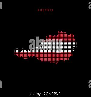 Mappa a punti quadrati dell'Austria. Mappa pixel punteggiata con colori di bandiera nazionale isolati su sfondo nero. Illustrazione vettoriale. Illustrazione Vettoriale
