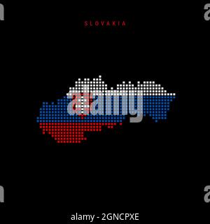 Mappa a punti quadrati della Slovacchia. Mappa pixel punteggiata con colori di bandiera nazionale isolati su sfondo nero. Illustrazione vettoriale. Illustrazione Vettoriale