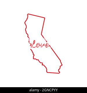 California Stati Uniti stato rosso mappa di contorno con la parola d'AMORE manoscritta. Linea continua di segno di casa patriottica. Un amore per una piccola patria. Inter Illustrazione Vettoriale