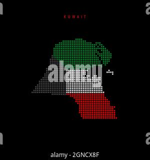 Mappa a punti quadrati del Kuwait. Mappa pixel punteggiata con colori di bandiera nazionale isolati su sfondo nero. Illustrazione vettoriale. Illustrazione Vettoriale