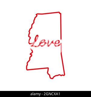 Mississippi Stati Uniti stato rosso mappa con LA parola D'AMORE manoscritta. Linea continua di segno di casa patriottica. Un amore per una piccola patria. Inte Illustrazione Vettoriale