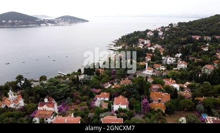 Vista aerea con il drone su Büyükada l'Isola dei principi nel Mare di Marmara Turchia Istanbul con molti alberi e ville. Area ricreativa Foto Stock