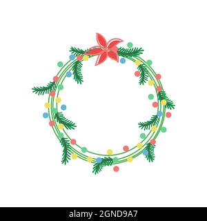 Corona di Natale con rami, luci e ghirlande. Illustrazione vettoriale della decorazione di facile comprensione. Poster decorativo per l'anno nuovo Illustrazione Vettoriale