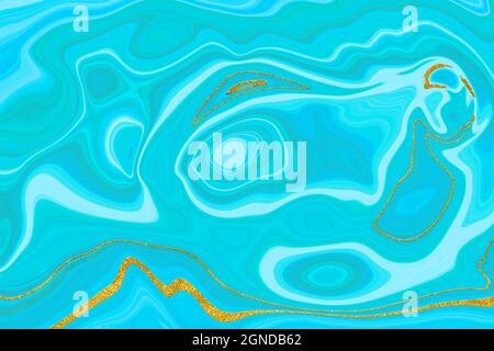 Sfondo marmorizzato blu e oro astratto. Imitazione digitale con disegno in marmo liquido in stile oceano Foto Stock