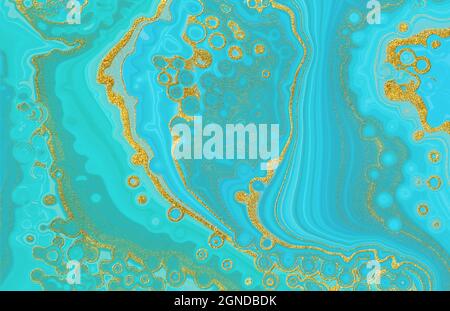 Marmo blu e oro sfondo astratto. Imitazione digitale con pattern turchese in stile oceano Foto Stock