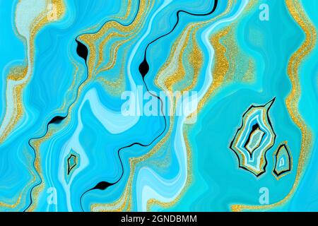 Marmo blu, nero e oro sfondo astratto. Imitazione digitale con pattern turchese in stile oceano Foto Stock