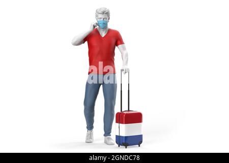 Uomo che indossa maschera viso tira una valigia testurizzata con bandiera dei Paesi Bassi. Rendering 3D Foto Stock