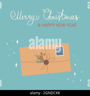 Busta di Natale e Felice anno nuovo con, francobolli e ramo di albero di Natale, legato con una corda. Modello di disegno vettoriale. Illustrazione Vettoriale
